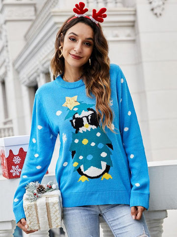 Woochic pull de Noël paillettes scintillantes tricoté motif pingouin bleu 4 S